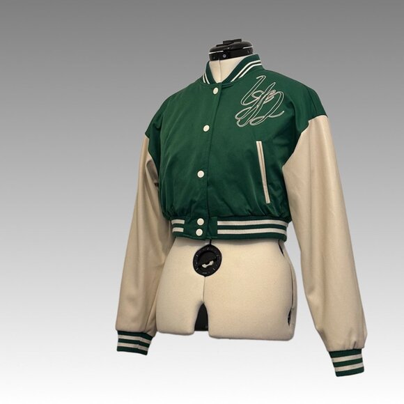 FOREVER 21 Jacket Cropped Varsity Letterman Baseball Bomber Sports Green Ivory S - Picture 9 of 15